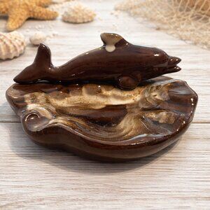 Vintage Dolphin Ashtray Brown Ceramic Glossy Coastal Beach Decor 90s